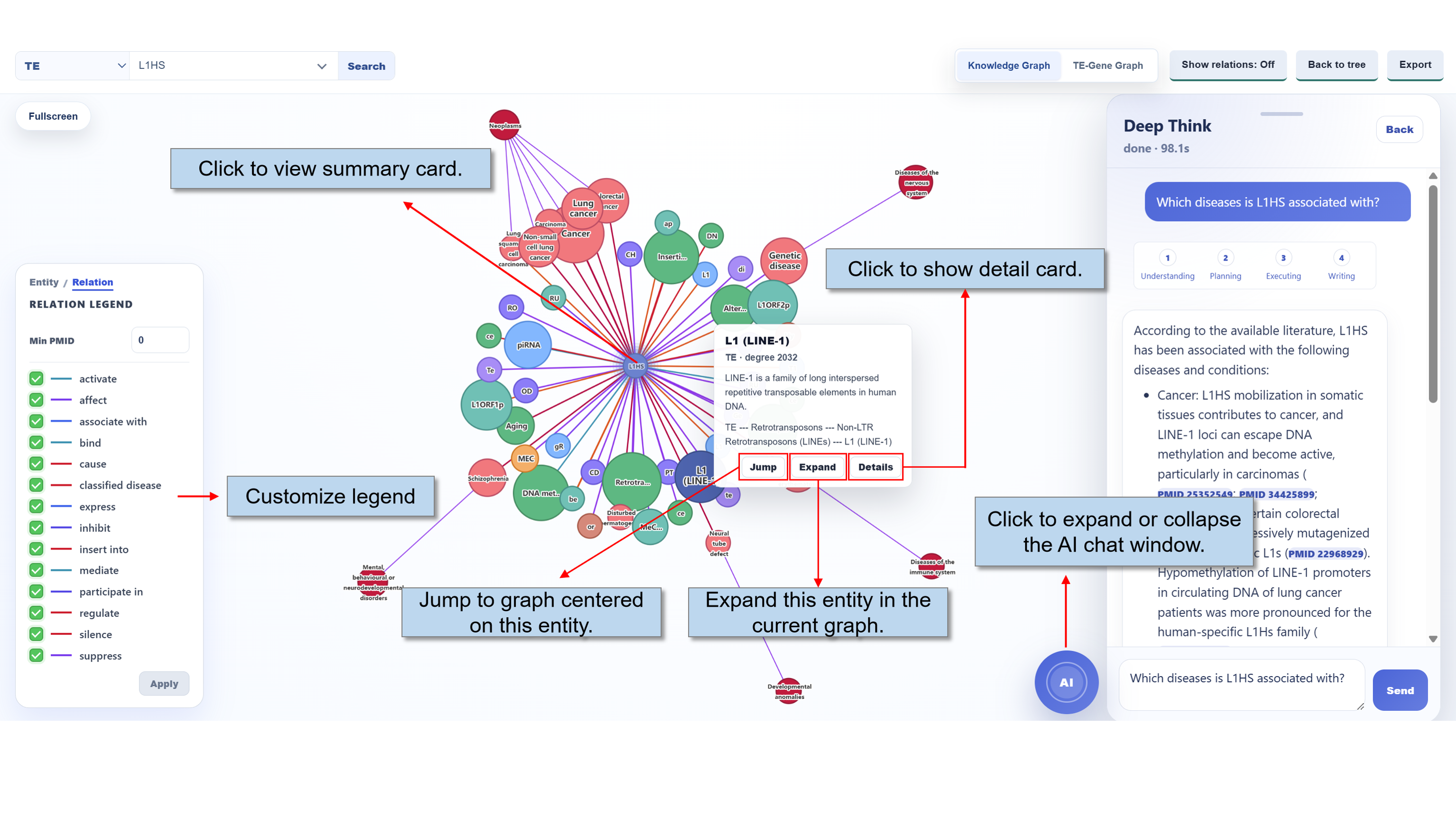 Knowledge Graph workspace showing network controls, legend filters, and a node detail card.